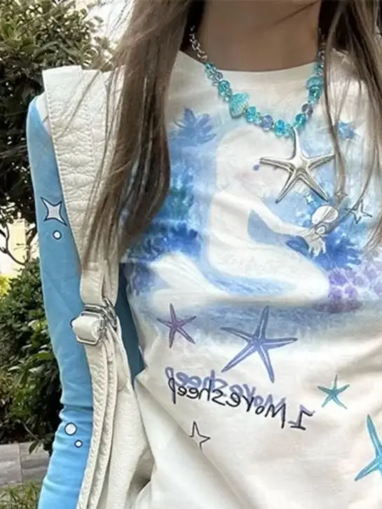 

Korejpaa Sweet Printed T Shirt Y2k Clothes 2025 Autumn New Round Neck Long Sleeve Top Casual Slimming Harajuku Women Clothing