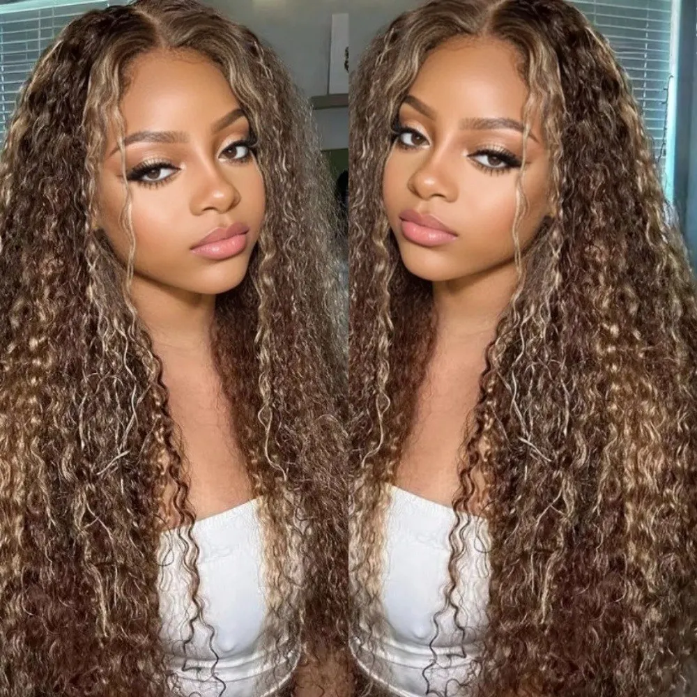 

4/27 Медово-блонд омбре парик с глубокими волнами и кружевной передней частью 13x4 HD, парик из натуральных волос с кружевной передней частью, плотность 250, для женщин