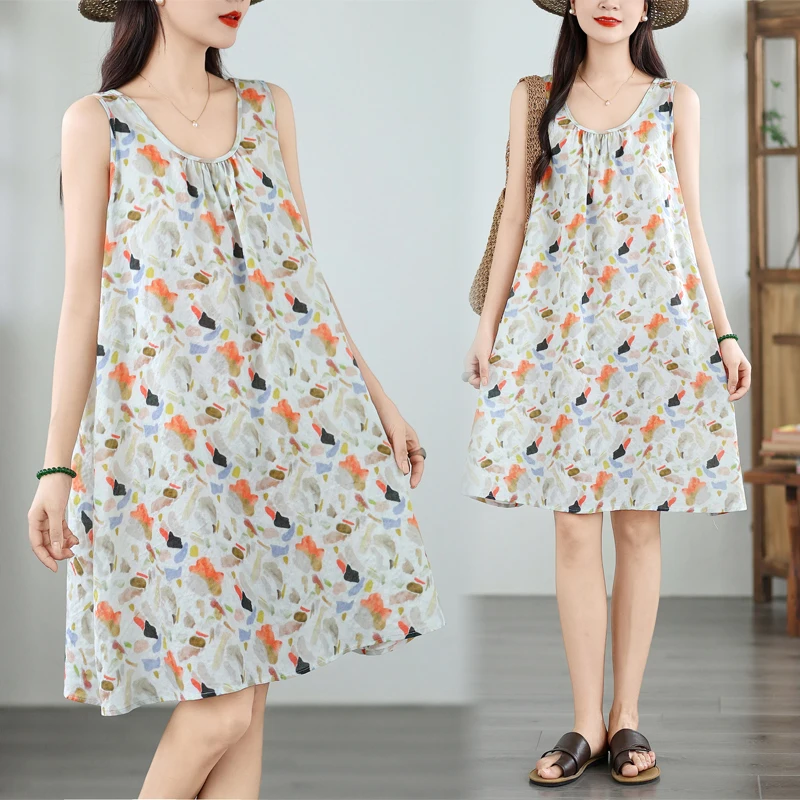 

High-End Anti-Aging plus Size Women's Summer Loose Strapless A-Line Dress Sleeveless round Neck Print Cotton Linen Dress
