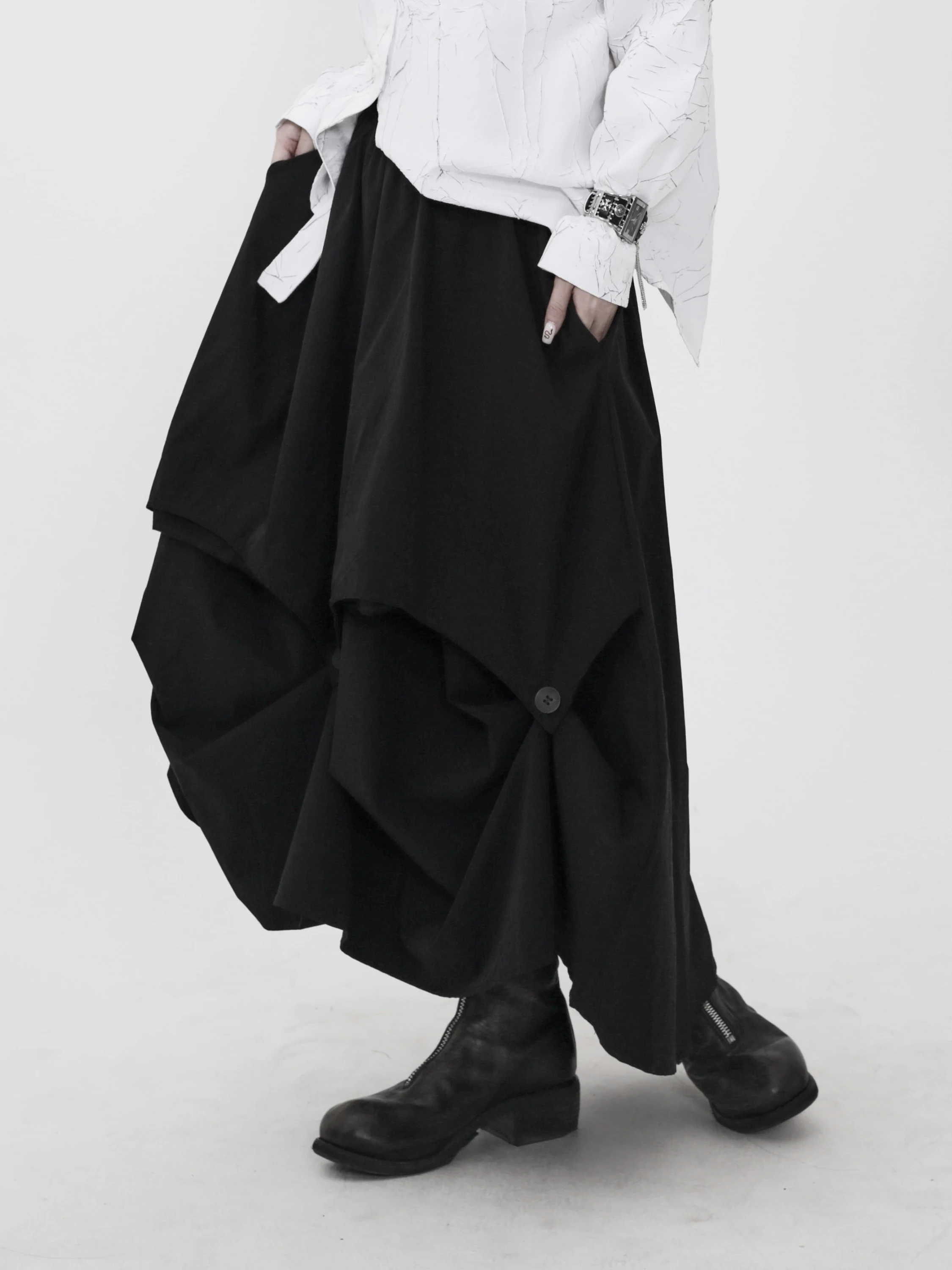 Dark Style Asymmetric Hemline Umbrella Skirt Black Deconstructed Design Three-Dimensional Cutting Half-length Skirt for Women