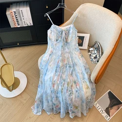 Summer Plus Size Women's Blue Floral Sweet Sleeveless Halter Dress Casual Loose Holiday Seaside Beach Style Dresses 2024 big