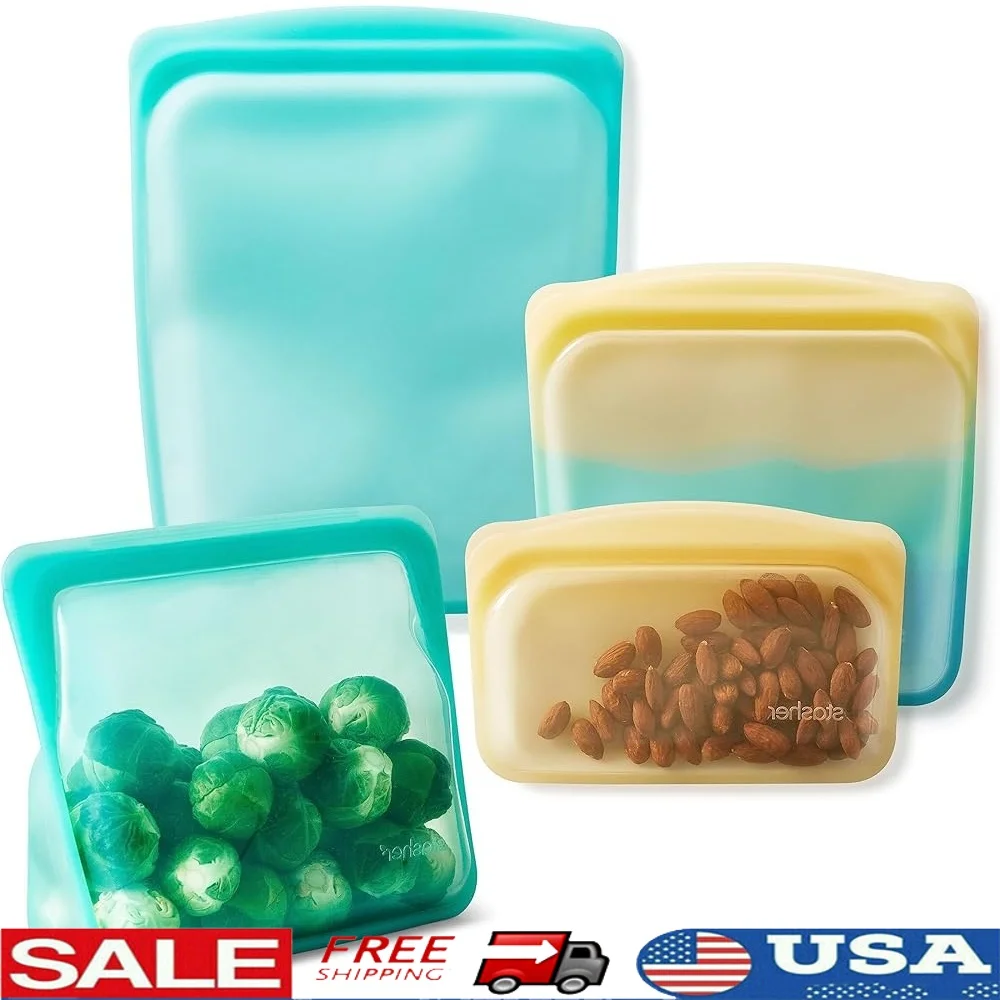 

Eco-Friendly Silicone Food Storage Bags Reusable Kitchen Containers Multisize Travel Lunch Snack Bags Dishwasher Safe 4-Pack