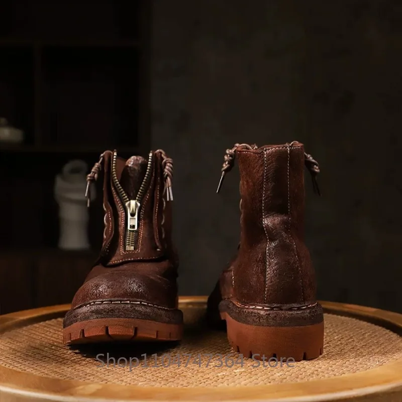 British Style Cowhide Casual Desert Western Boots Men Shoes Thick Sole Side Zipper Work Knight Boots Male Genuine Leather Boots