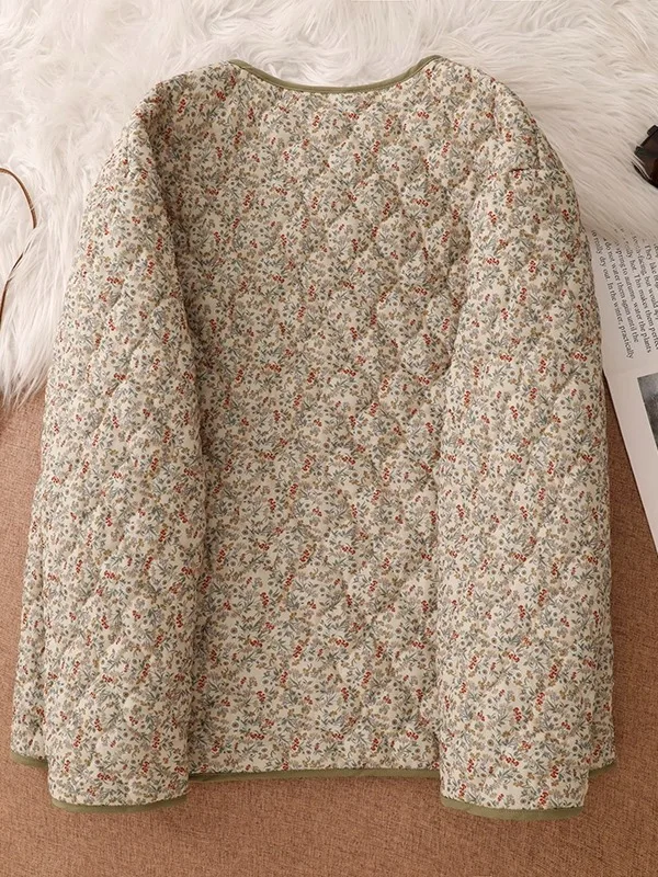 Chaqueta de Aodón con Cuello Redondo y Estampado Floral para Mujer, Ropa de Invierno, Rell de Aodón, Hoada, Adeaza...