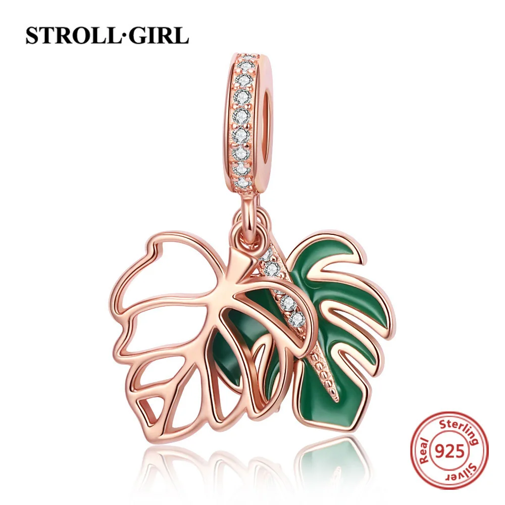 925 Sterling Silver Monstera Bead Green Enamel Leaf Zircon Rose Gold Plant Pendant Charm Fit European Bracelet for Women Jewelry