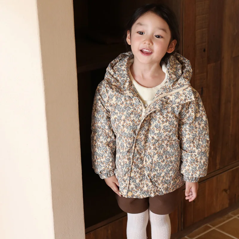 

2024 New Winter Girls Korean Fragmented Flower Girl Fashion Baby Thickened Warm Coat Baby Girl Winter Clothes