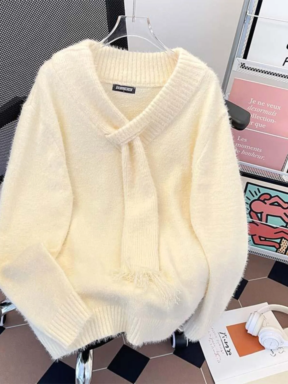 Maglieria tagliente oversize attaccata con sciarpa da uomo autunno inverno pelliccia di visone maglione con scollo a V soffice maglione streetwear invecchiato pullover