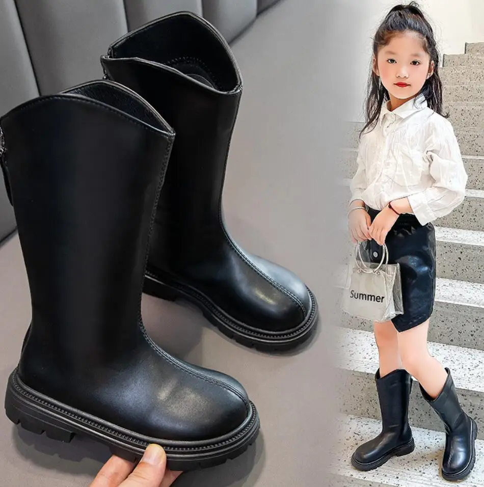 

Girls' Long Boots 2024 Winter New British Style Black Children's Knight Boots Princess Girl Back Zipper Knee-High Boots 4-15 Yea