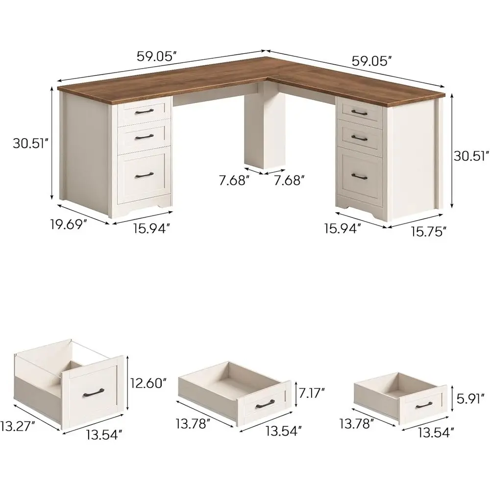 59 L-Shaped Executive Desk with 2 File Drawers & 4 Storage Drawers, Wood Computer Desk Sturdy Writing Workstation with 6 Drawers