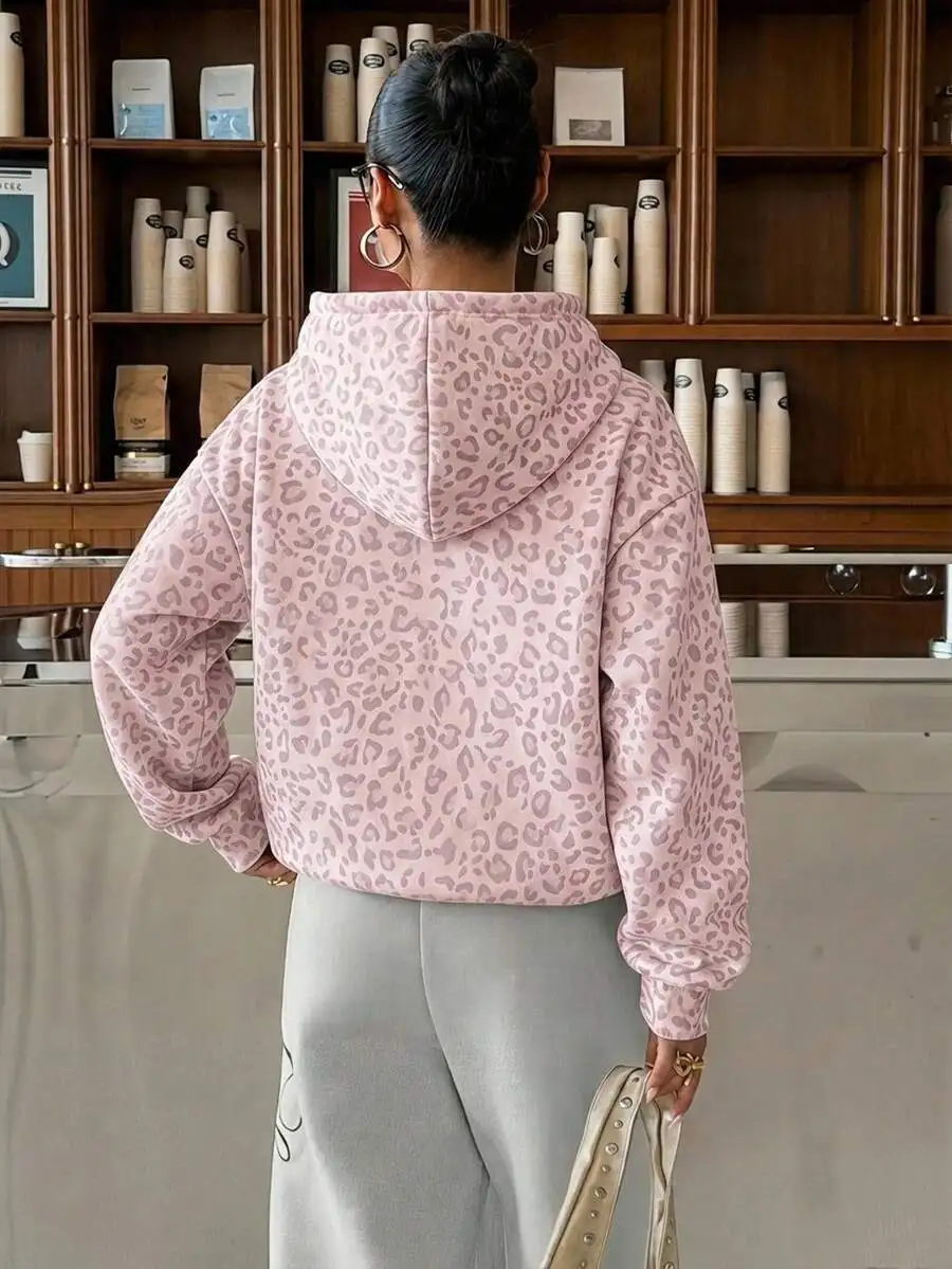 Women's Autumn Winter Leopard Print Long Sleeve Hooded Pullover Sweatshirt