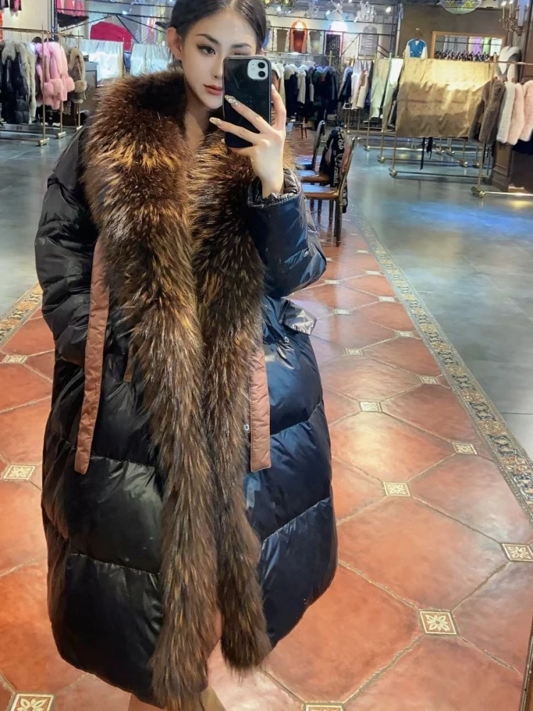 2023 New Natural Real Fox Fur Long White Duck Down Jacket Winter Women Warm Loose Coat Thick Outerwear Streetwear