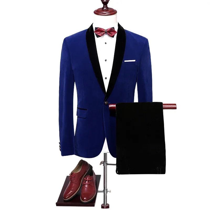 

High Quality Royal Blue Velvet Men Suit Groom Wedding Suit for Men Shawl Lapel Blazer Slim Fit 2 Piece Prom Tuxedo Costume Homme