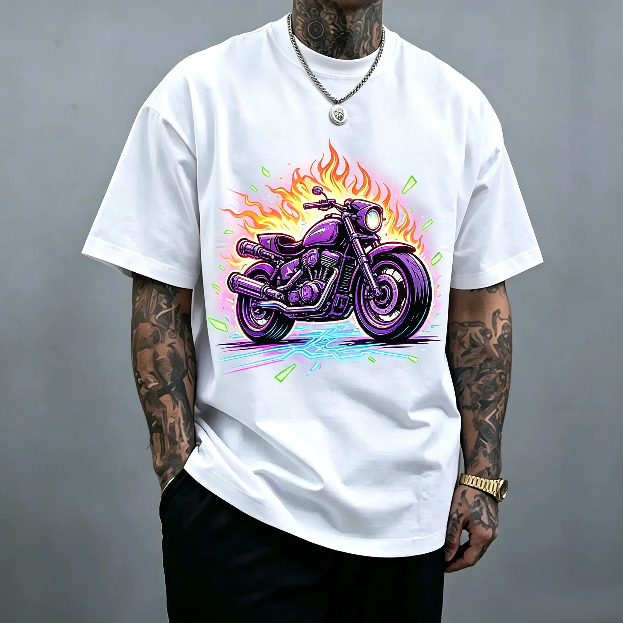 Neon Purple Motorcycle Cyber Flame Graphic T Shirt Unisex Men Women Oversized Front Print Vintage Motorbike Streetwear Casual Short Sleeve Tops