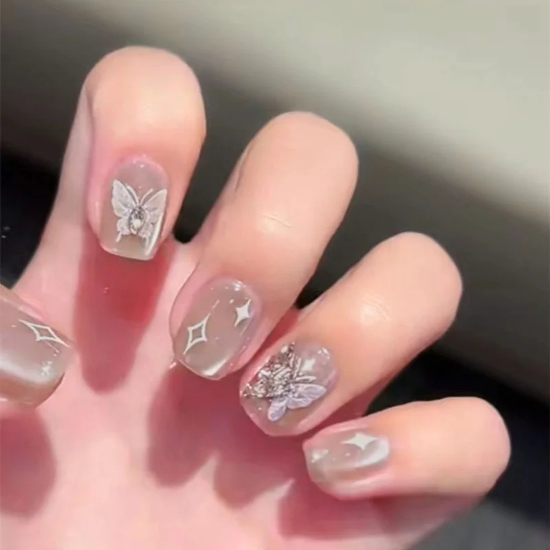 s Short Fake Nails with Stars Printed Chip-Proof Smudge-Proof Fake Nails for Fingernail DIY Decoration