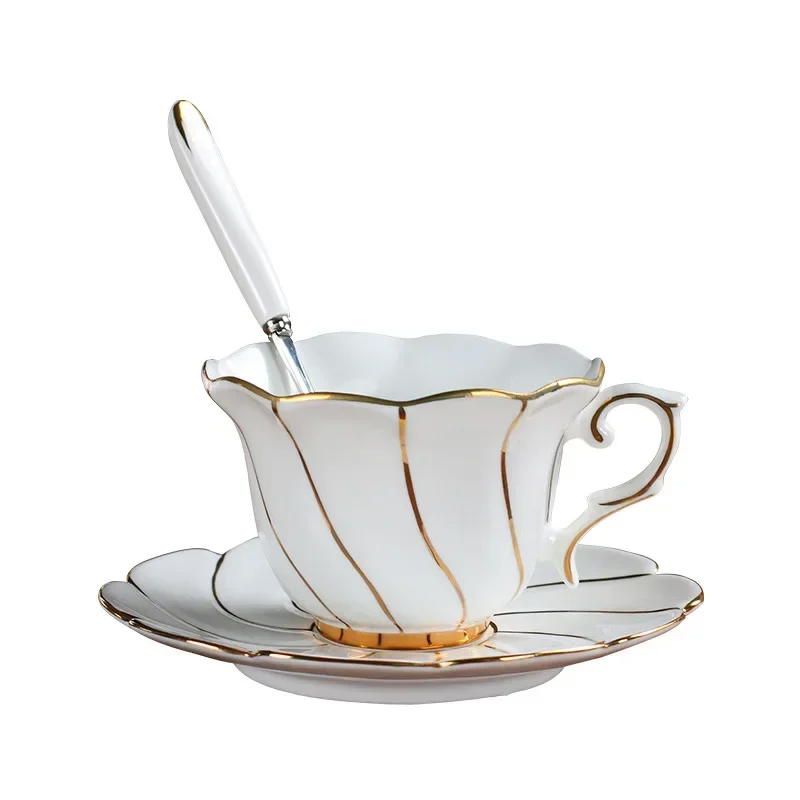 British Bone China Afternoon Tea Cup with Spoon European Luxury Gold Threaded Ceramic Coffee Cup and Plate Set Porcelain Tea Mug