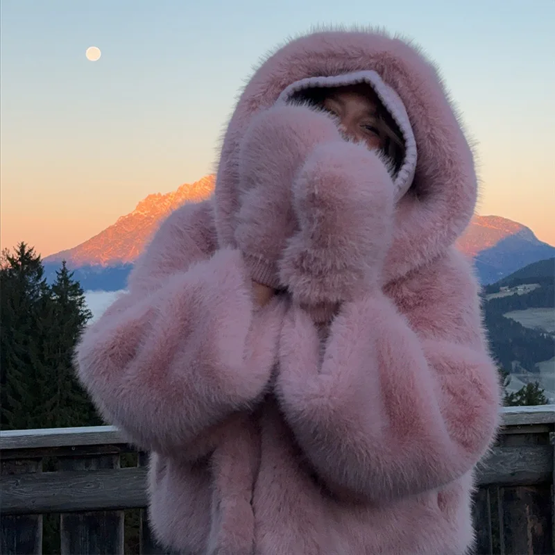 المرأة الفاخرة سميكة رقيق فو الفراء معطف مقنع شتاء دافئ الصلبة بدوره إلى أسفل طوق المفتوحة السترات أنيقة فضفاضة الشارع أبلى