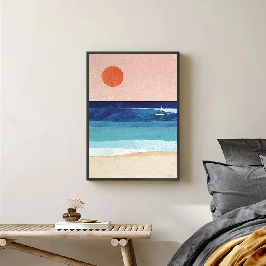 Abstract Seascape Surfing Beach Girl Open-Water Swim Coastal Landscape Poster Canvas Painting Wall Art Pictures Home Decor