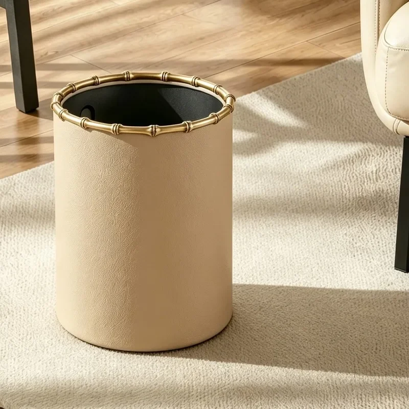 Luxury Leather Wastebasket Creative Stainless Steel Double Trash Can Living Room Decoration Minimalist Trash Bin Home Furniture