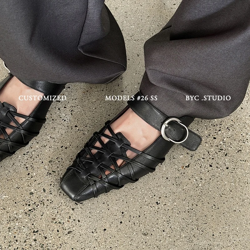 2026 new summer women sandals natural leather plus size 22-25.5cm cowhide+sheepskin square toe weave mules buckle women slippers