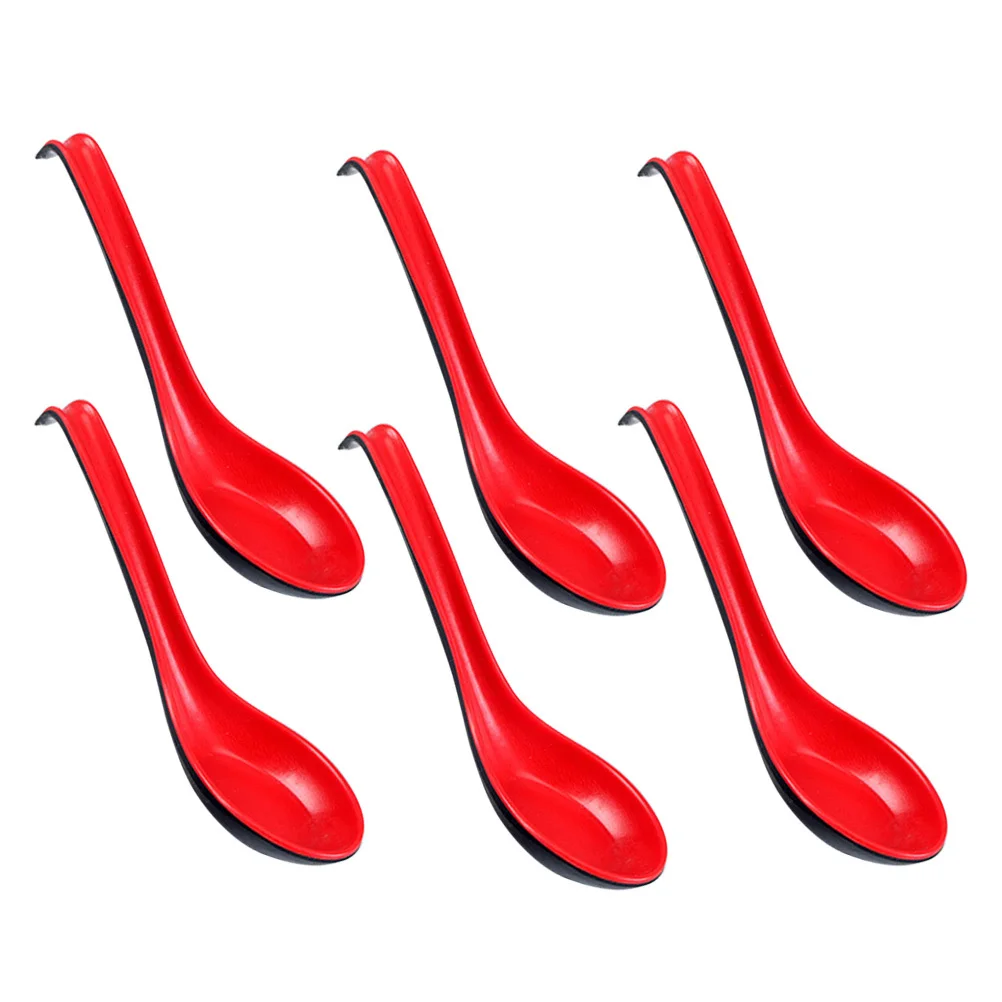 Cucharas de sopa de plástico, 6 uds., negro, rojo, mango largo, diseño de gancho para sopa de fideos Pho Ramen Soba, restaurante casero