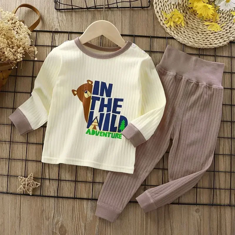 New 2024 Kids Autumn Pure Cotton Pajamas Baby Boys Girls Cute Cartoon Long Sleeve High Waist Warm Pyjamas Toddler Clothing Sets