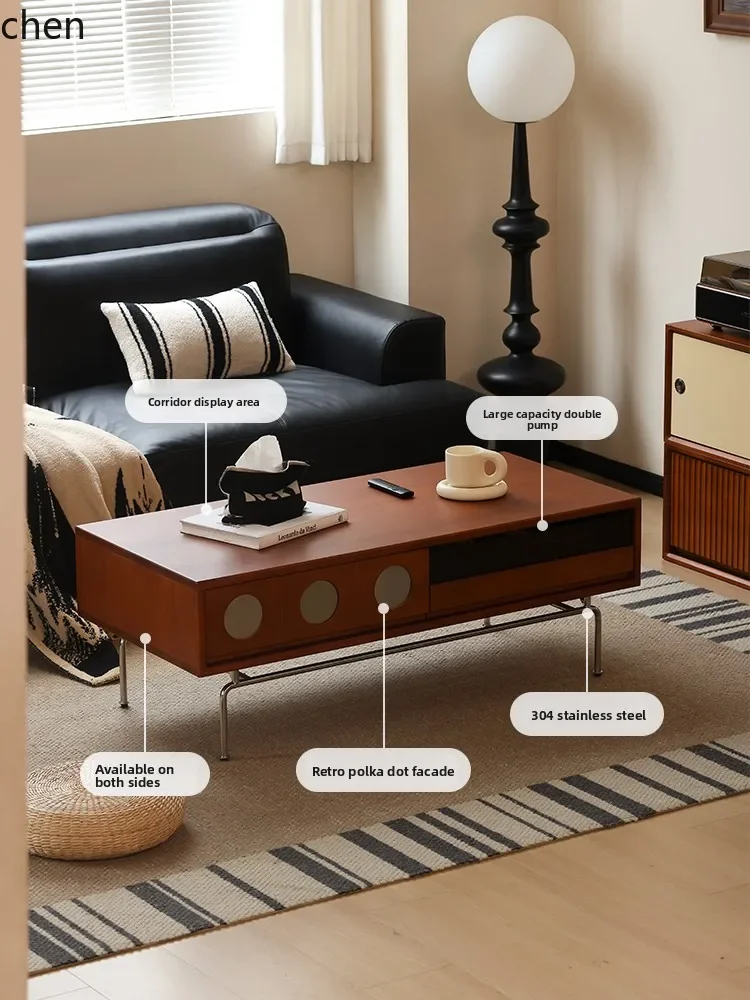 H5.26 retro solid wood coffee table small apartment living room simple stainless steel medieval tea table