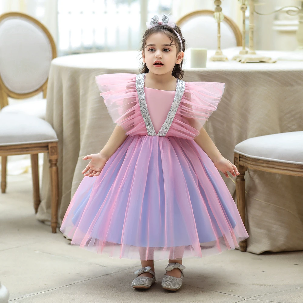 Toddler Bow sequin Baby Girl Party Dress Baptism 1st Birthday Princess Wedding Kids Dresses for Girl Wedding Bridemaid Prom Gown