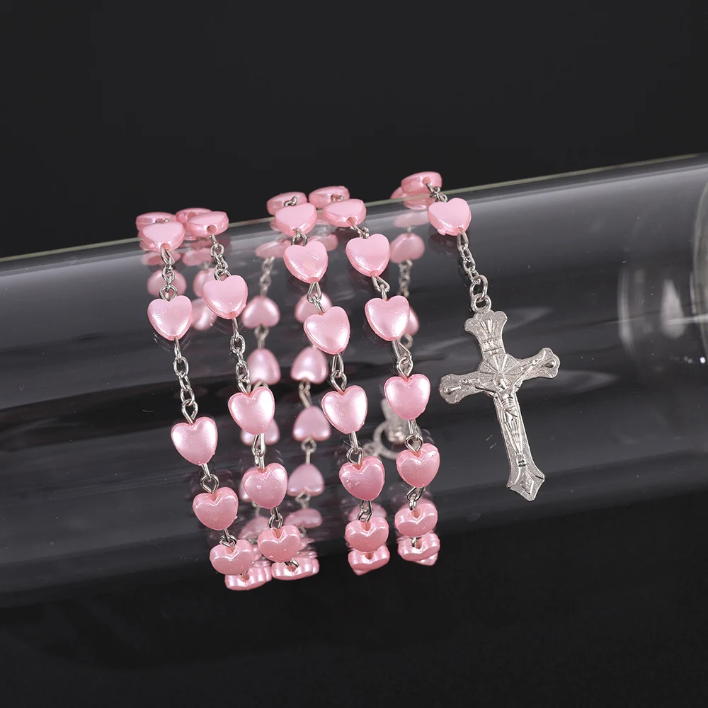 Colliers chapelet religieux pour femmes, chaîne de perles en forme de cœur rose et blanc, pendentif croix de la vierge marie, bijoux de fête de prière pour hommes, cadeau