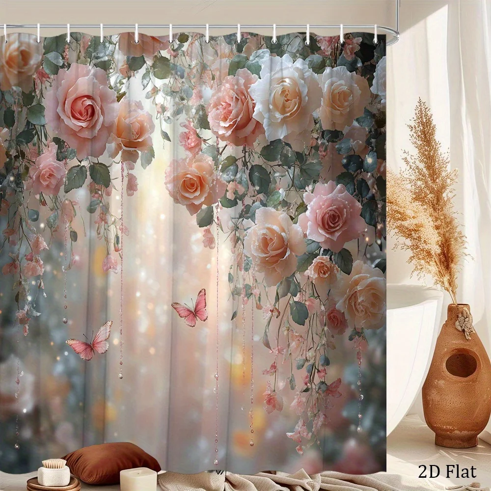 

Luxury Blush Pink Floral Rose Shower Curtain Waterproof Bathroom Decor Romantic Watercolor Design 180x200cm Size