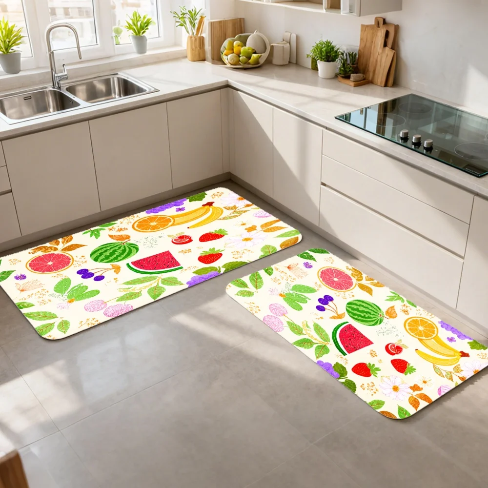 3PCS Mat Set,  Home Decoration for Front Door, Kitchen,  Fruit Pattern With Watermelon Banana Strawberry And Leaves Kitchen Rug.