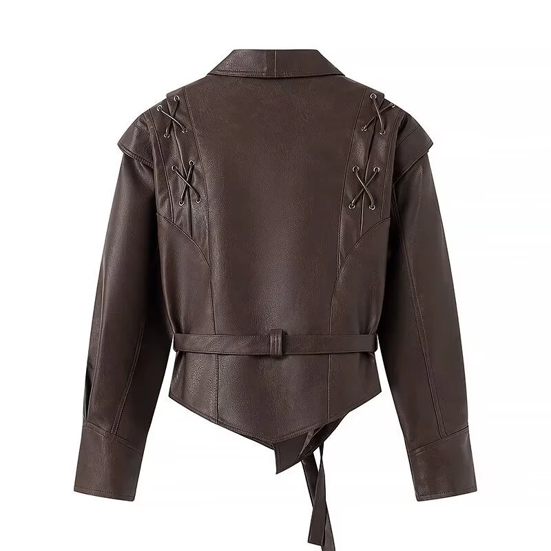 2024 Women Vintage Loose Pu Faux Leather Short Jacket With Belt Streetwear Female Retro Moto Biker Coat Outwear Tops