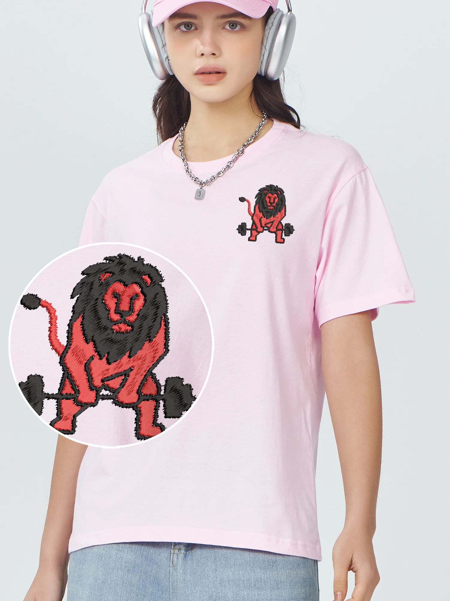 Lion Fitness Embroidered T Shirts Cotton Graphic Tees Fashionable And Trendy Embroidery New Shirts And T-Shirts For Men Women