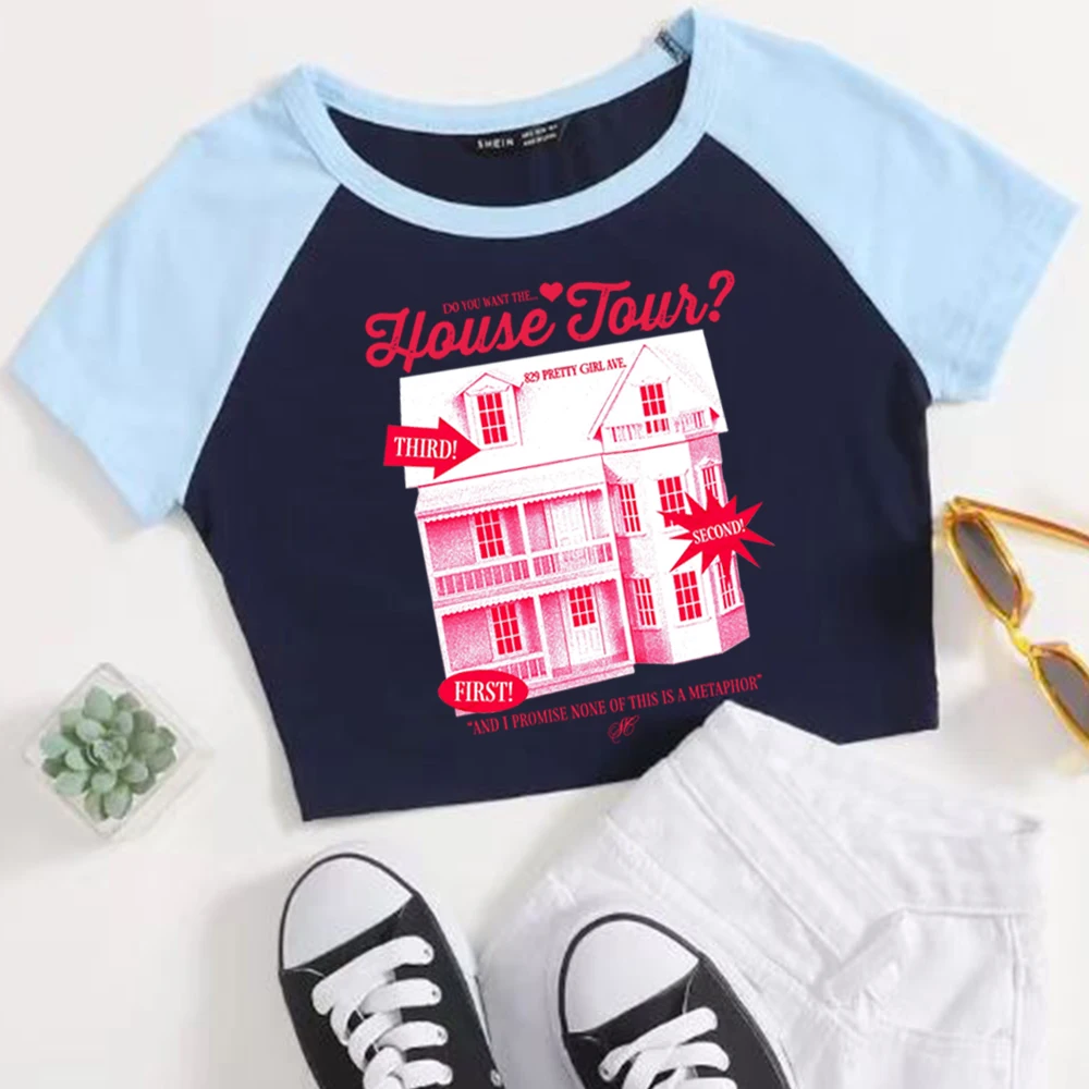 سابرينا كاربنتر هاوس جولة المحاصيل قمم تي شيرت الفتيات أزياء المرأة س الرقبة قصيرة الأكمام #2