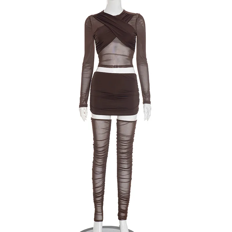 스타일리시 레이디 섹시 클럽 3피스 세트 여성 크로스 크롭 탑 & 미니 펜슬 스커트 및 니 랩 수트 2025 가을 시어 메쉬 의상