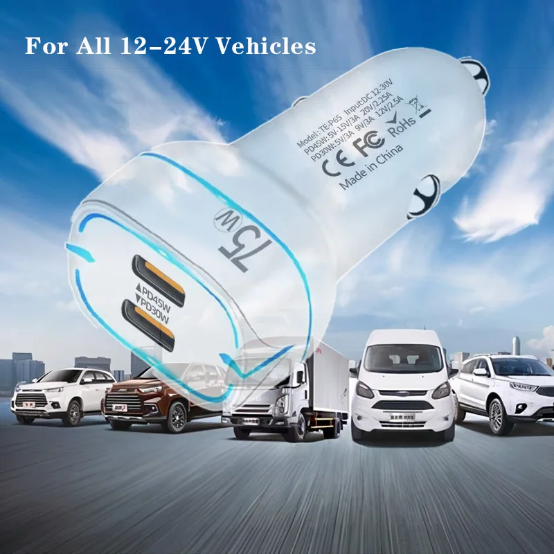 2Port PD 65W car charger PD45W+PD30W car phone charger for HUAWEI iPhone Samsung Xiaomi fast charging cigarette lighter adapter