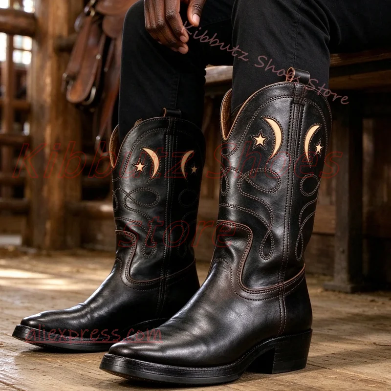 Cutout Embroidered Cowboy Boots Mid Calf Moon Star Pull On Square Toe Stacked Heel Vintage Western Retro Country Street Footwear