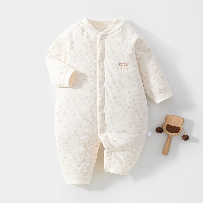 Autumn Casual Baby Bodysuit Floral Print Long Sleeve Jumpsuit for Boys Girls Padded Warm Infant One Piece Clothes