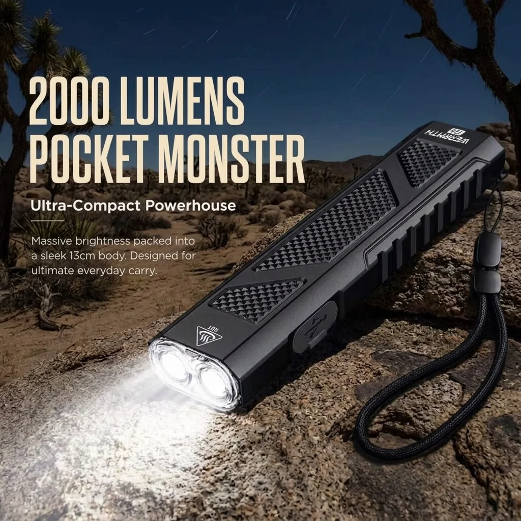 2000 Lumens Slim EDC Flashlight, USB-C Rechargeable Tactical Pocket Flashlight, Dual Button Control, 4 Light Modes Handheld Portable Flashlight with Pocket Clip & Lanyard for Camping, Emergency & Daily Carry