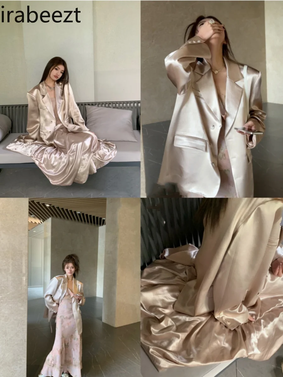 2024 Spring and Autumn New Glossy High-end Champagne Color Fashion Style Acetate Satin Street Suit for Women Blazer Femme