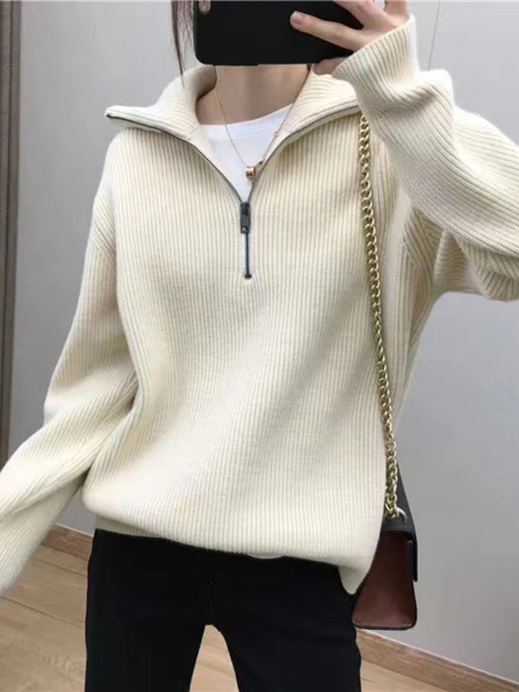 Women Fashion Loose Solid color Asymmetry Knitted Sweaters Vintage Long Sleeve Zip-up Female Pullovers Chic Lapel Tops