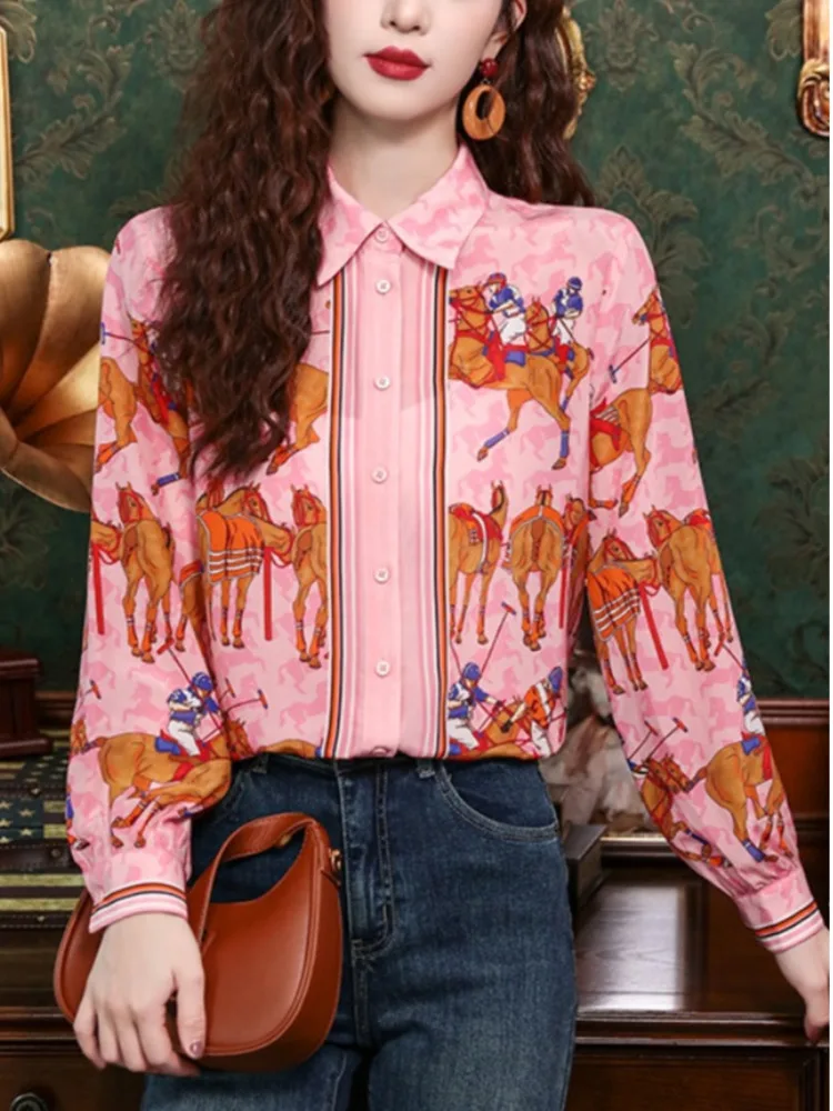 #3134 Spring Pink Printed Satin Shirt Women Turn-down Collar Office France Style Vintage Womens Tops And Blouses Slim Fit