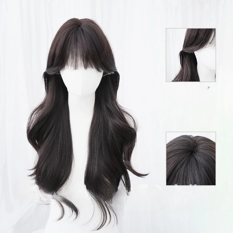 

Wig woman daily natural long curly hair dark tea color Qi bangs Korean full head cover