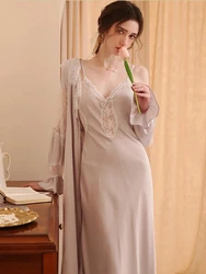 Women's Bathrobe Set 2 Pcs with Nigtdress Solid Lace Autumn Ladies Long Dressing Gown Sexy French Style Bath Robe for Female