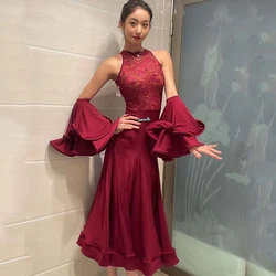 Women Ballroom Dance Dress Sleeveless Red Modern Dance Dress Waltz National Standard Dance Clothes Competition Dress DN11259