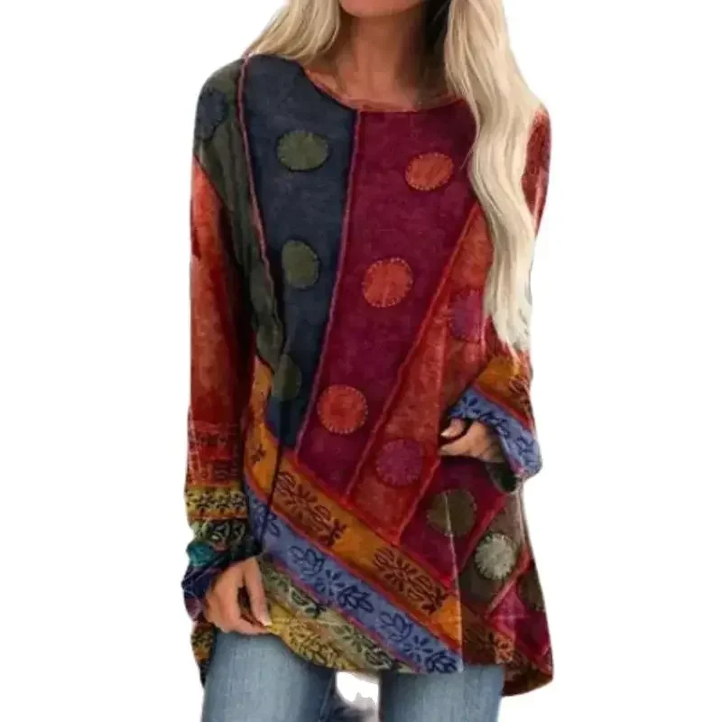 Vintage Circle Print New T-Shirt Women Ethnic Style Comfortable Casual Loose Tops Autumn O Neck Pullover Long Sleeve Female Tees