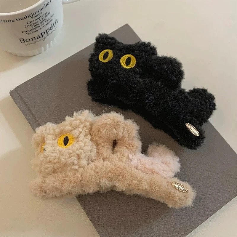 Cute 3D Black Cat Plush Hairpin Women 2025 New Back Head Large Size Grab Shark Clip Headdress Hair Claw Winter Women girls