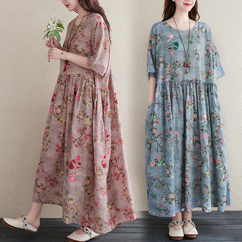 

Женское платье А-силуэта с цветочным принтом, больших размеров, с рукавами «летучая мышь», круглым вырезом, длинное, из смесового хлопка и льна, для повседневной носки