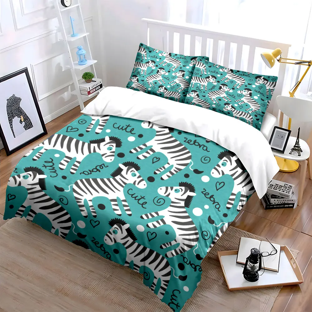 

Cute Zebra Cartoon Background Bedding Set for Kids Luxury Gift 3pcs Digital Print Comforter Set Soft Comfortable Breathable