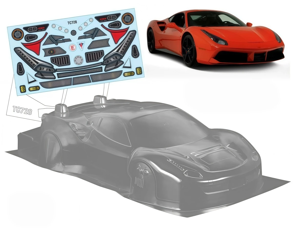 TC728 1/12 488GT Clear PC Body Shell 208mm Wheelbase 0.6mm Thick For 1:12 RC On‑Road Car