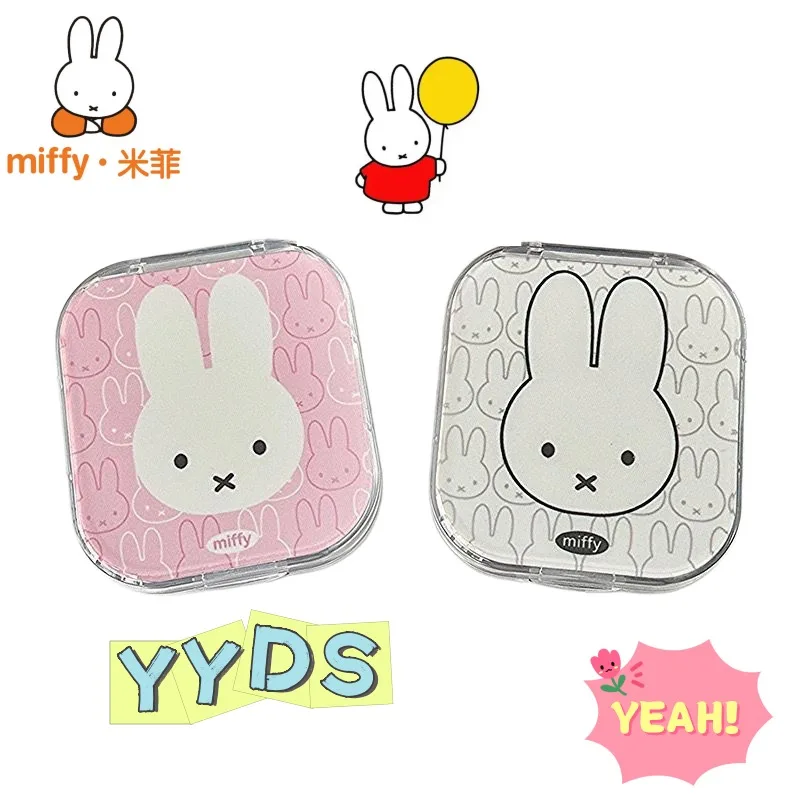Miffy Cartoon-Kaninchen Kontaktlinsenbehälter Aufbewahrungsbox mit Spiegelkarte, niedliches, gut aussehendes, tragbares Outdoor-Geschenk für Kawaii-Mädchen